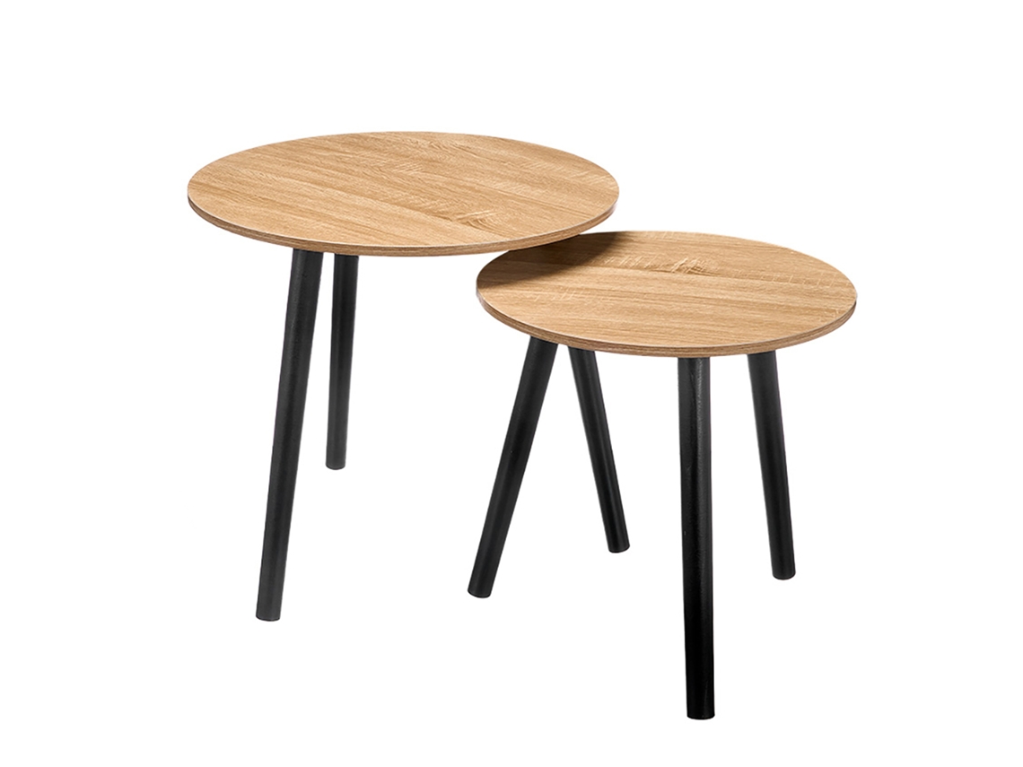 Set De 2 Mesas Naturales Auxiliares Con Patas Negras. Diámetros De 39cm Y 48cm.