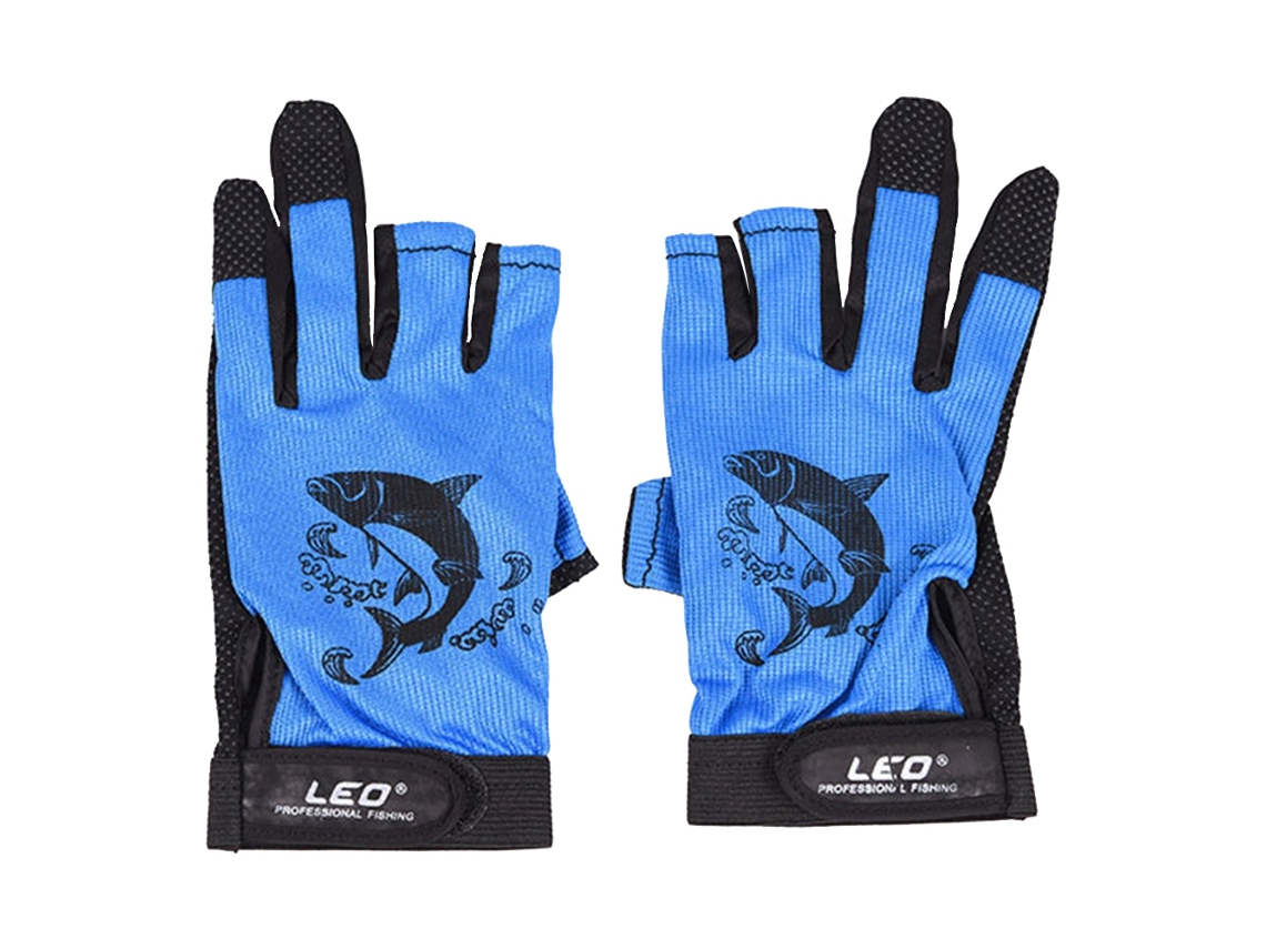 Guantes de pesca azules sin dedos con superficie antideslizante.