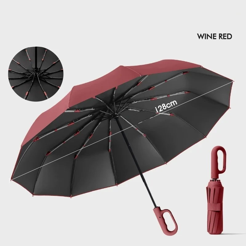 Paraguas Extragrande De 12 Varillas Con Hebilla, Totalmente Automático, Portátil, Resistente Al Viento Y Plegable (color Burdeos 12k).