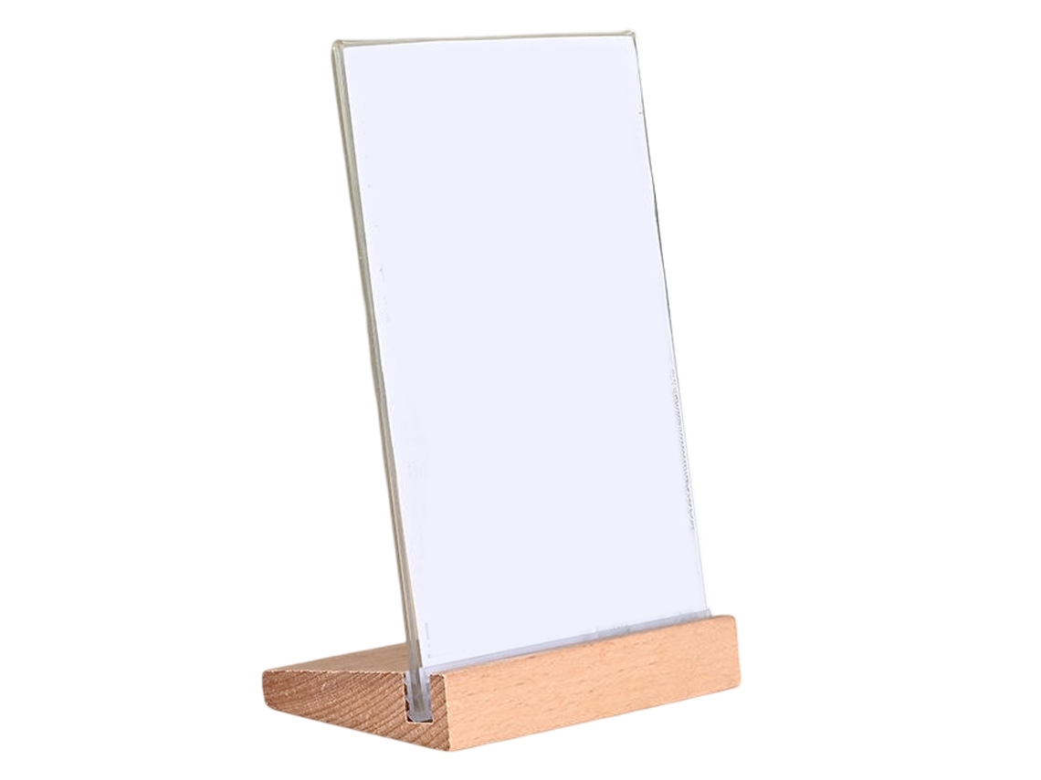 JILLIOPER Placa de Mesa Acrílica en Forma de T con Soporte de Madera de Haya para Oficina Cartel de Comida Tarjeta de Precio en Madera Maciza A4