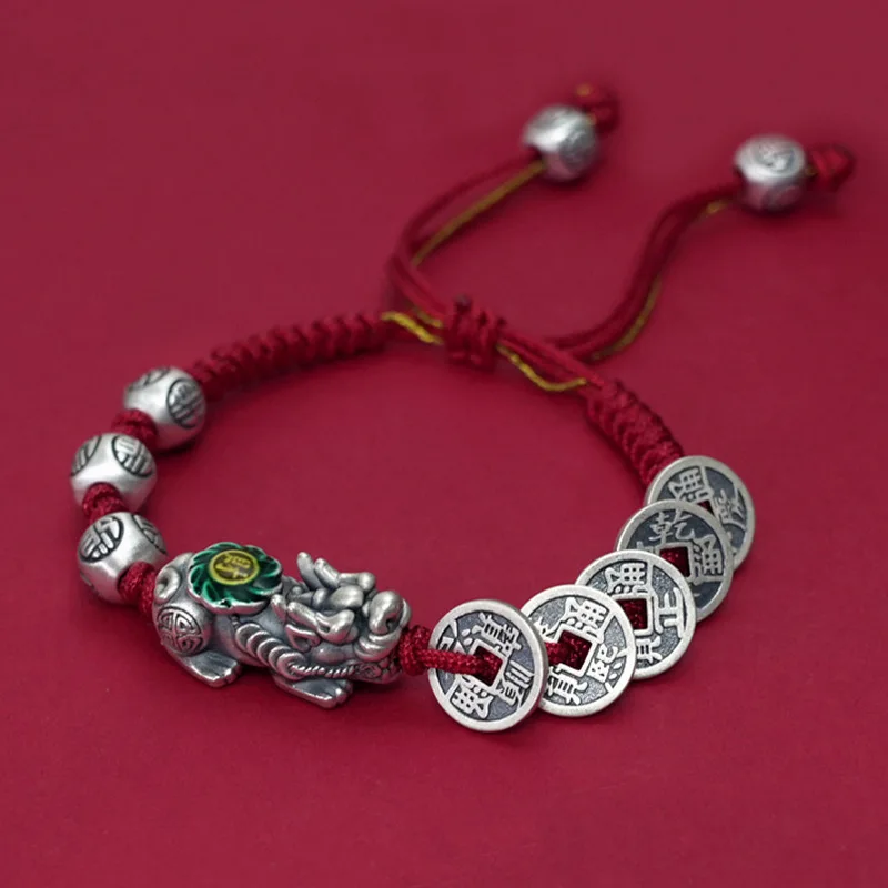 Pulsera De Cobre Con Monedas De Bendiciones Pixiu De Feng Shui (roja), Tejida A Mano.