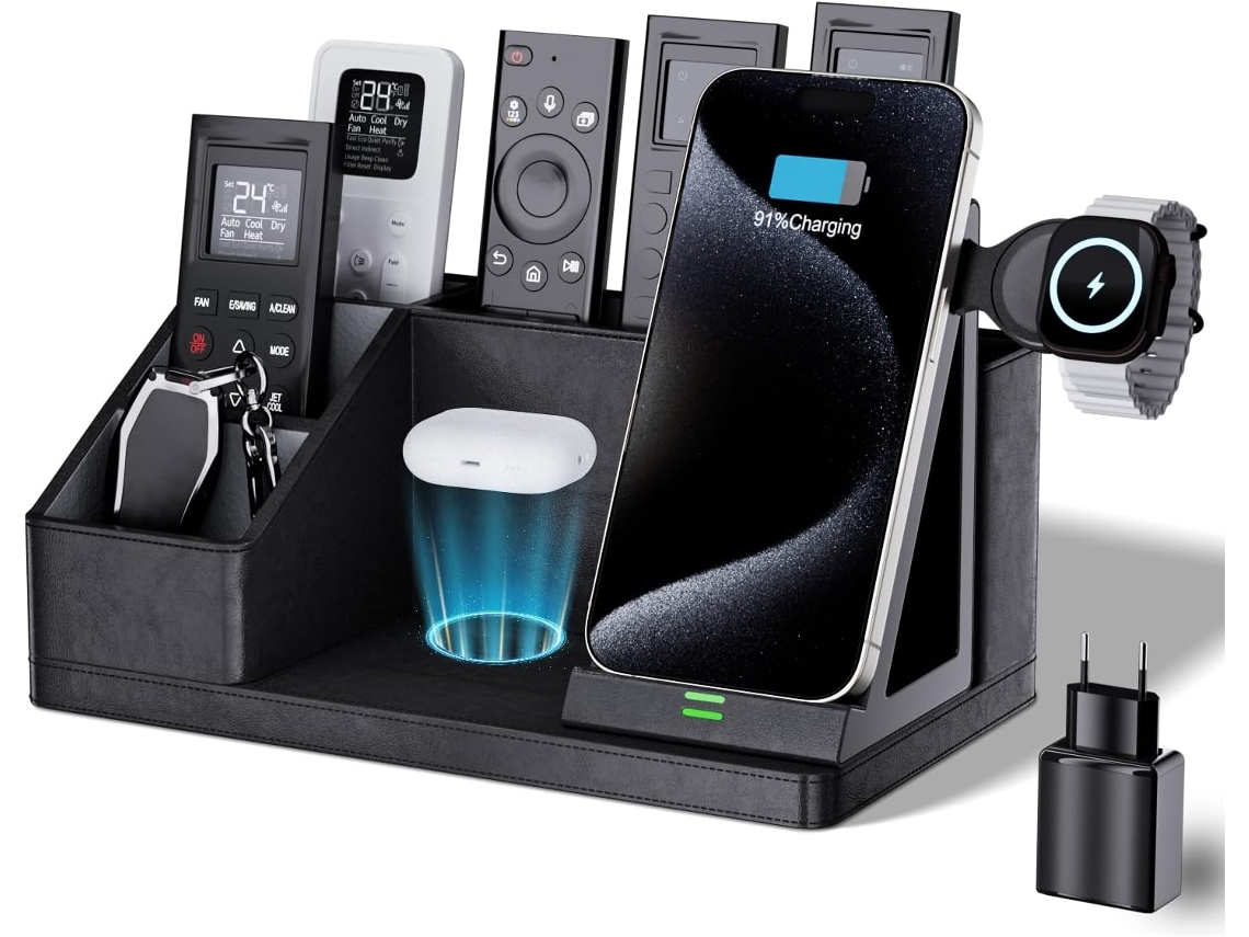 Organizador Cuero 3en1 Con Cargador Inductivo 30w Y Portalápices