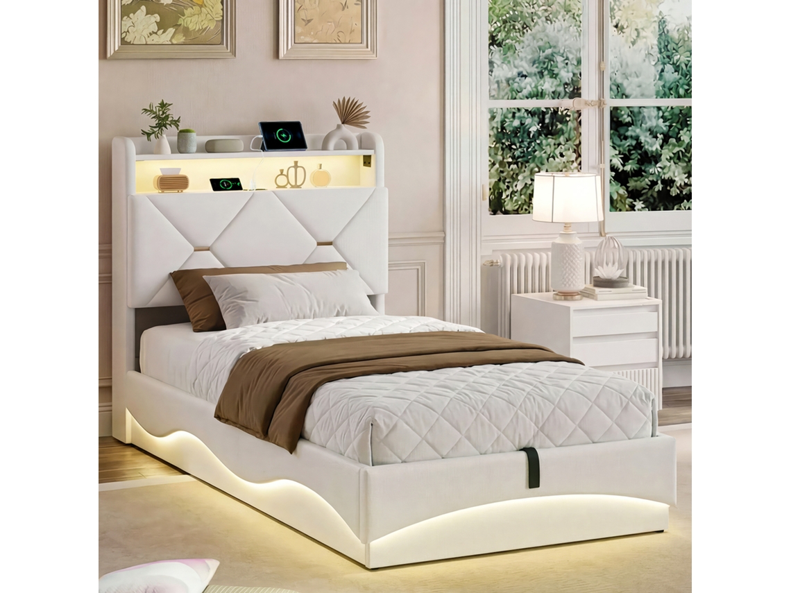Cama Individual Tapizada De 90 X 200 Cm, Con Luz Led, Puerto Usb Tipo C, Cabecero Con Espacio De Almacenamiento, Terciopelo Beige