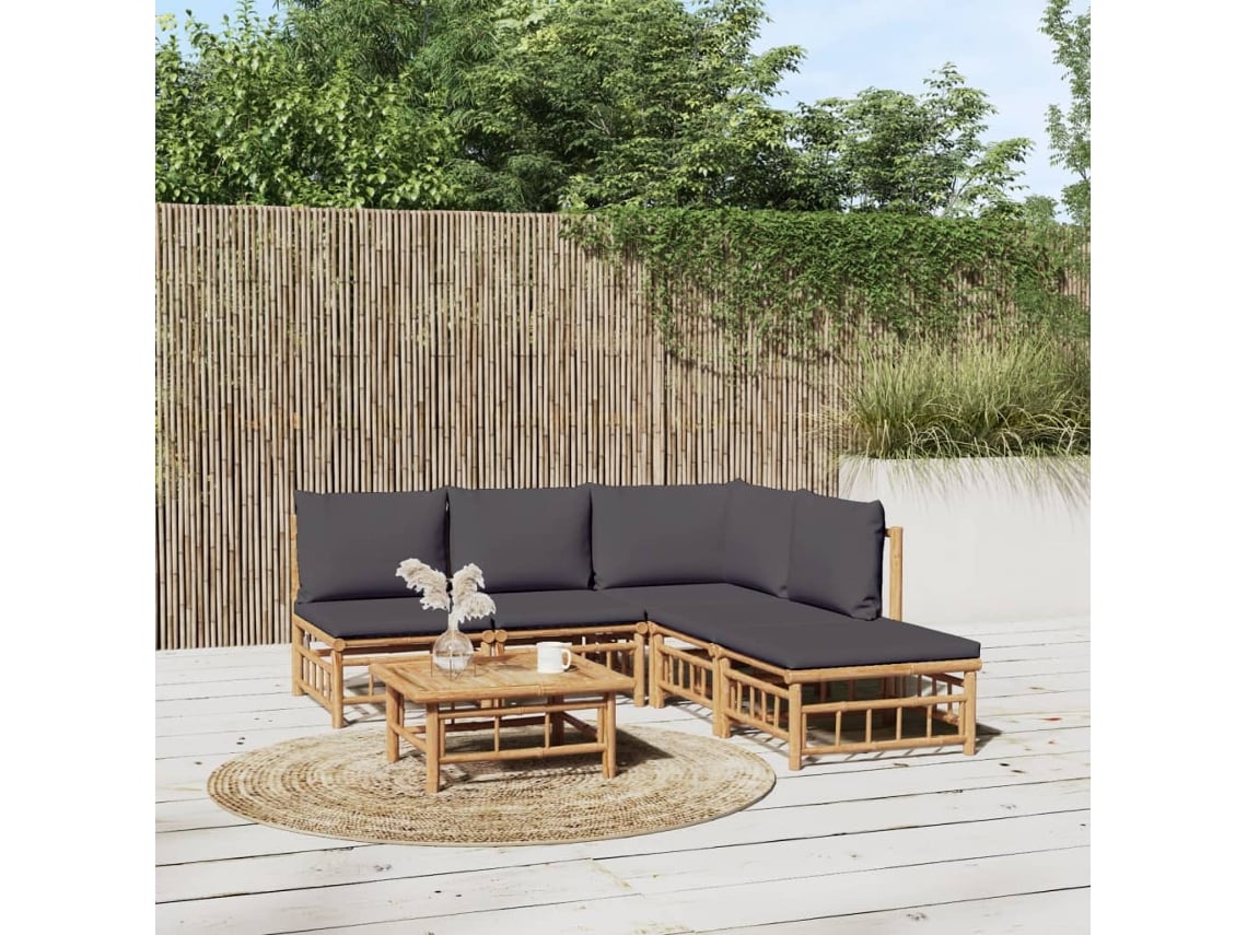 Conjunto de jardín de bambú de 6 piezas con cojines gris oscuro DKD Home Decor