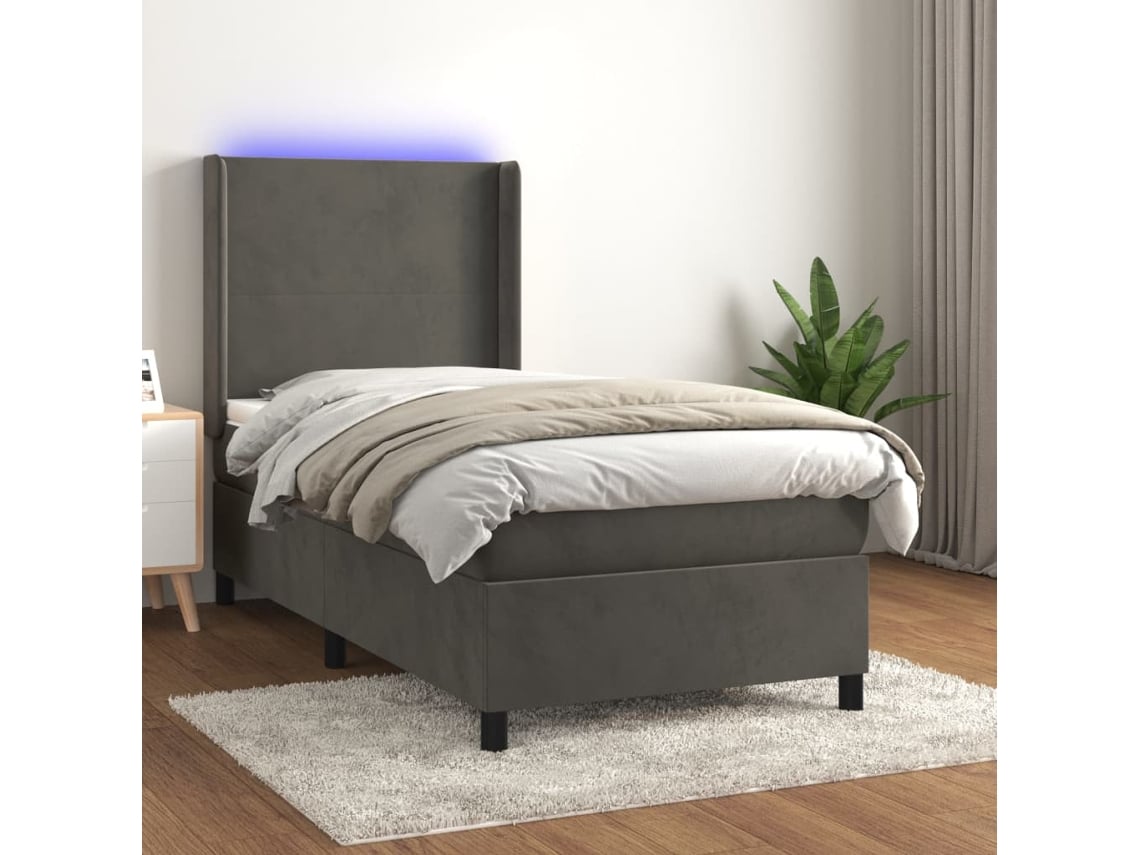 Cama Box Spring Colchón Y Led Terciopelo Gris Oscuro 80x200 Cm