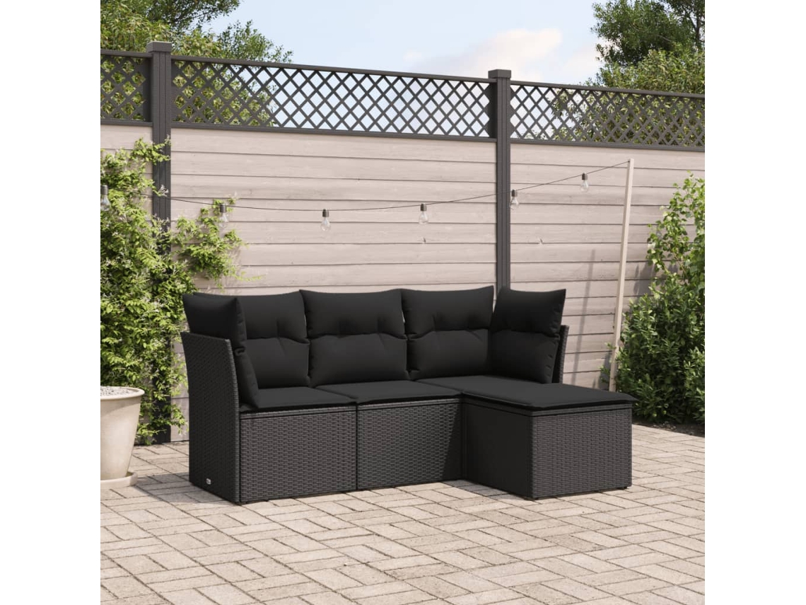 Conjunto de sofá de jardín de 4 piezas con cojines, mimbre sintético negro, Dkd Home Decor