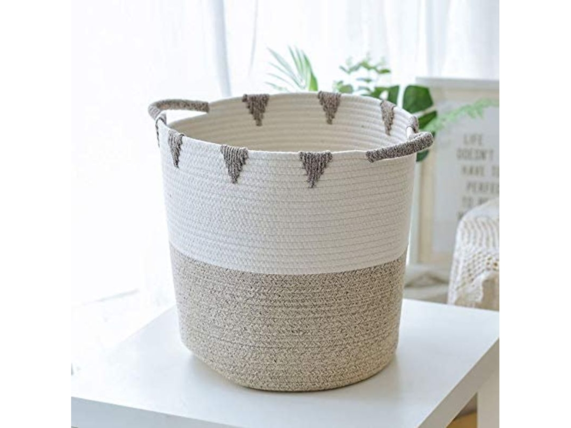 Cesta De Lavandería De Algodón, Cesta De Almacenamiento Plegable Con Asas, 30x36cm, Beige Y Blanco.