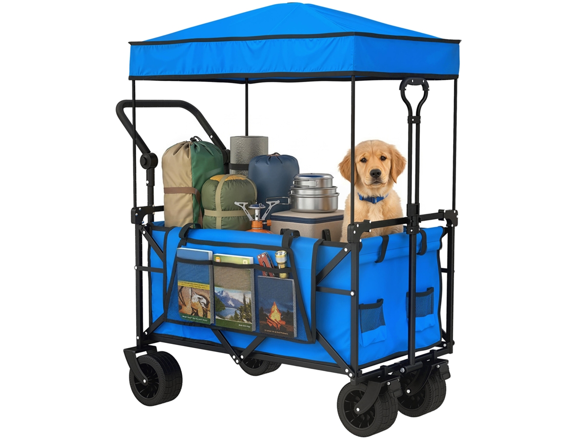 Carrito de jardín plegable con ruedas grandes, asa con bloqueo, manillar ajustable, portavasos, 125x59x133 cm, azul