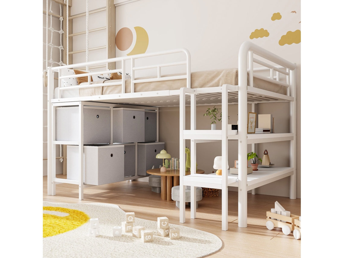 Cama Alta Infantil De 90x200 Con Escalera Ancha Y Cajones.