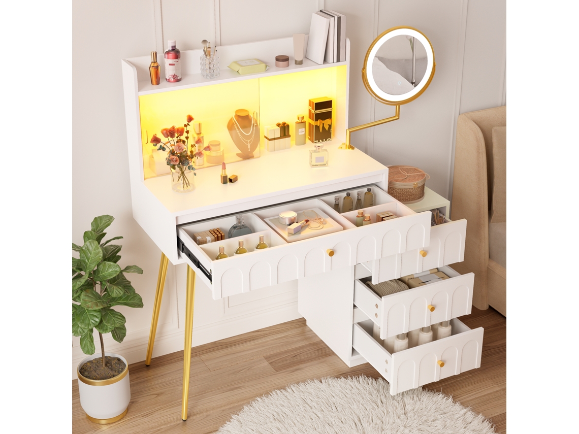 Tocador Con Espejo Led, Puertas Correderas De Cristal Y 4 Cajones - Blanco