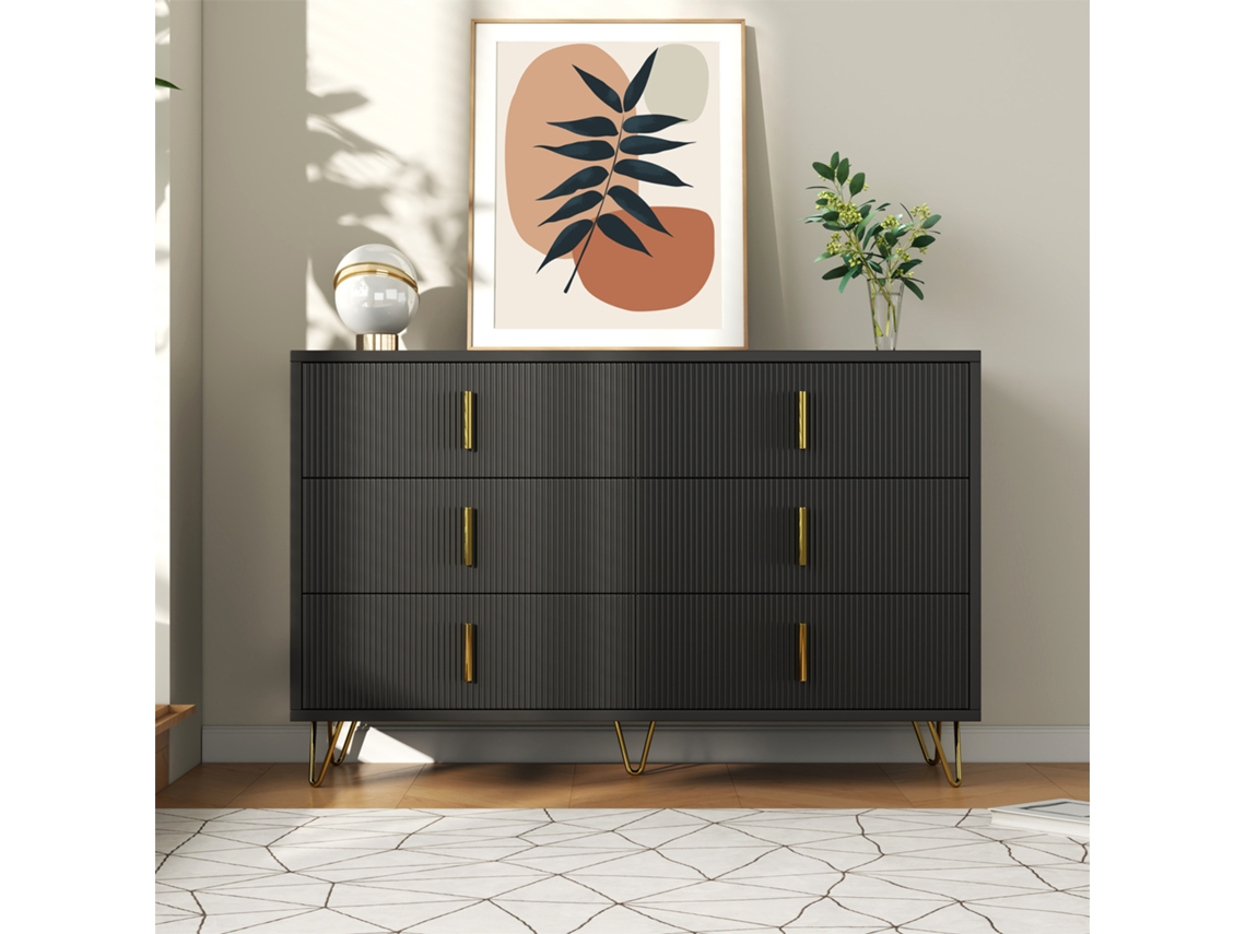 Aparador 120x40x77 cm con 6 cajones, tiradores dorados, estilo negro