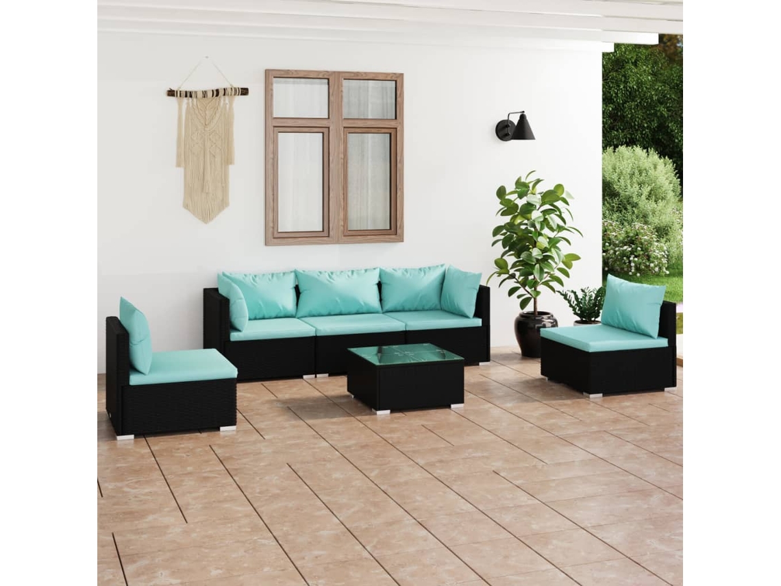 Conjunto de jardín de 6 piezas con cojines, mimbre sintético negro, DKD Home Decor