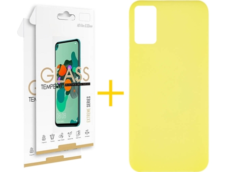 Funda y Protector 2x de Vidrio Samsung Galaxy A41 SKYHE Silicona Líquida Amarillo
