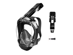 Máscara de snorkel de cara completa con sistema Dry Top de última generación y soporte para cámara talla S/M, color negro y plateado