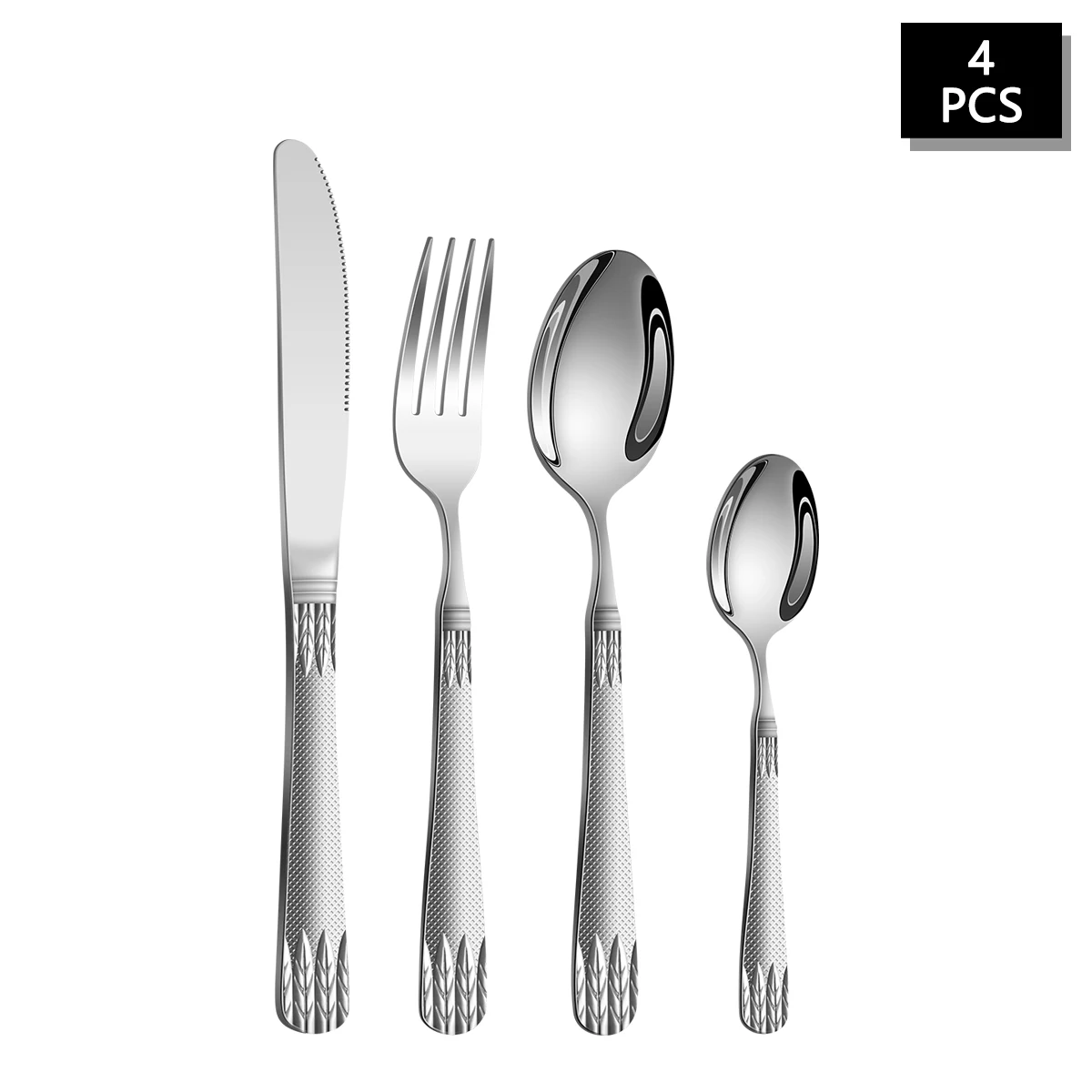 Juego de cubiertos de acero inoxidable con forma de espiga de trigo, que incluye cuchillo para carne, tenedor y cuchara. MDUG (plata, 4 piezas)