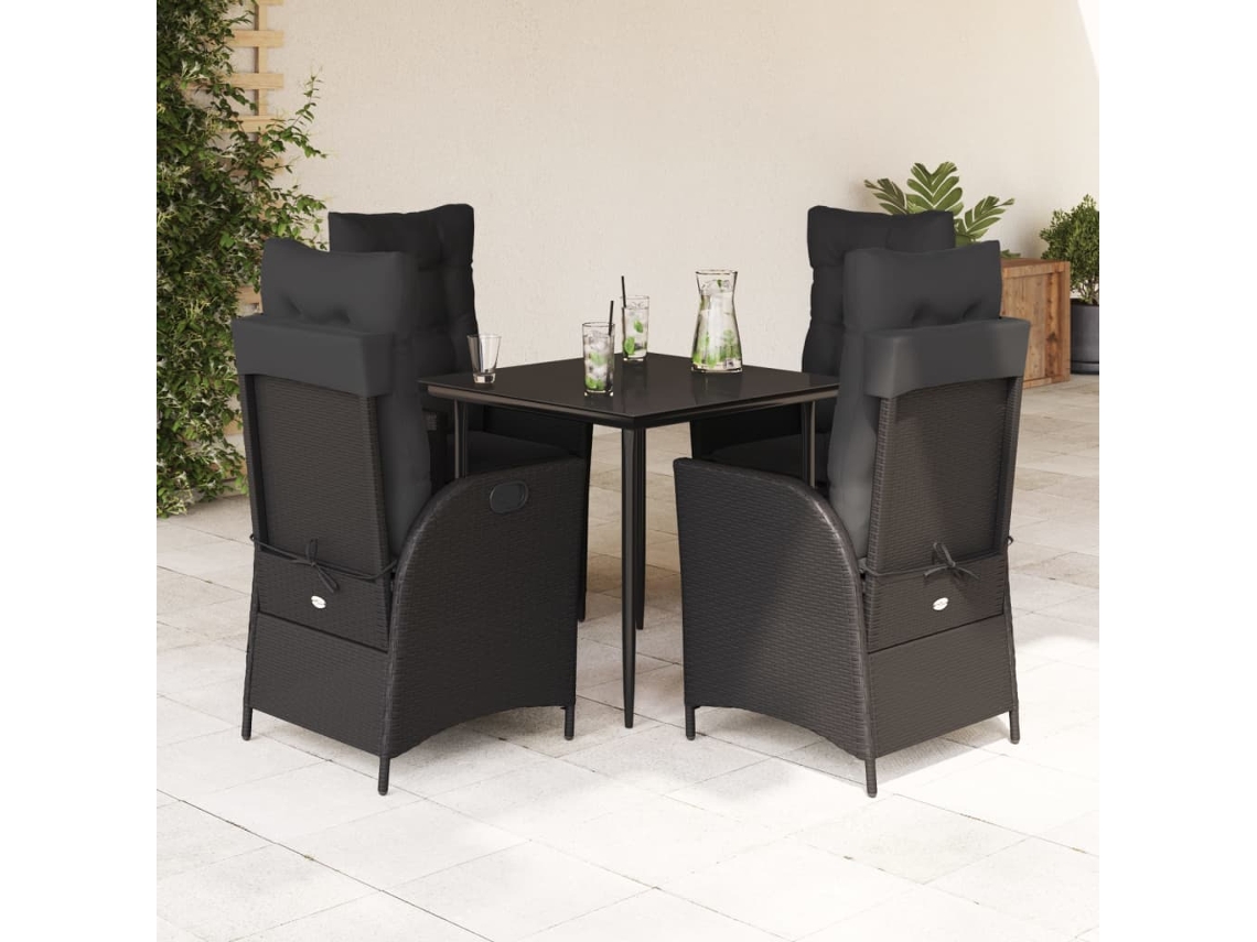 Juego de comedor de jardín de 5 piezas con cojines, mimbre sintético negro, DKD Home Decor