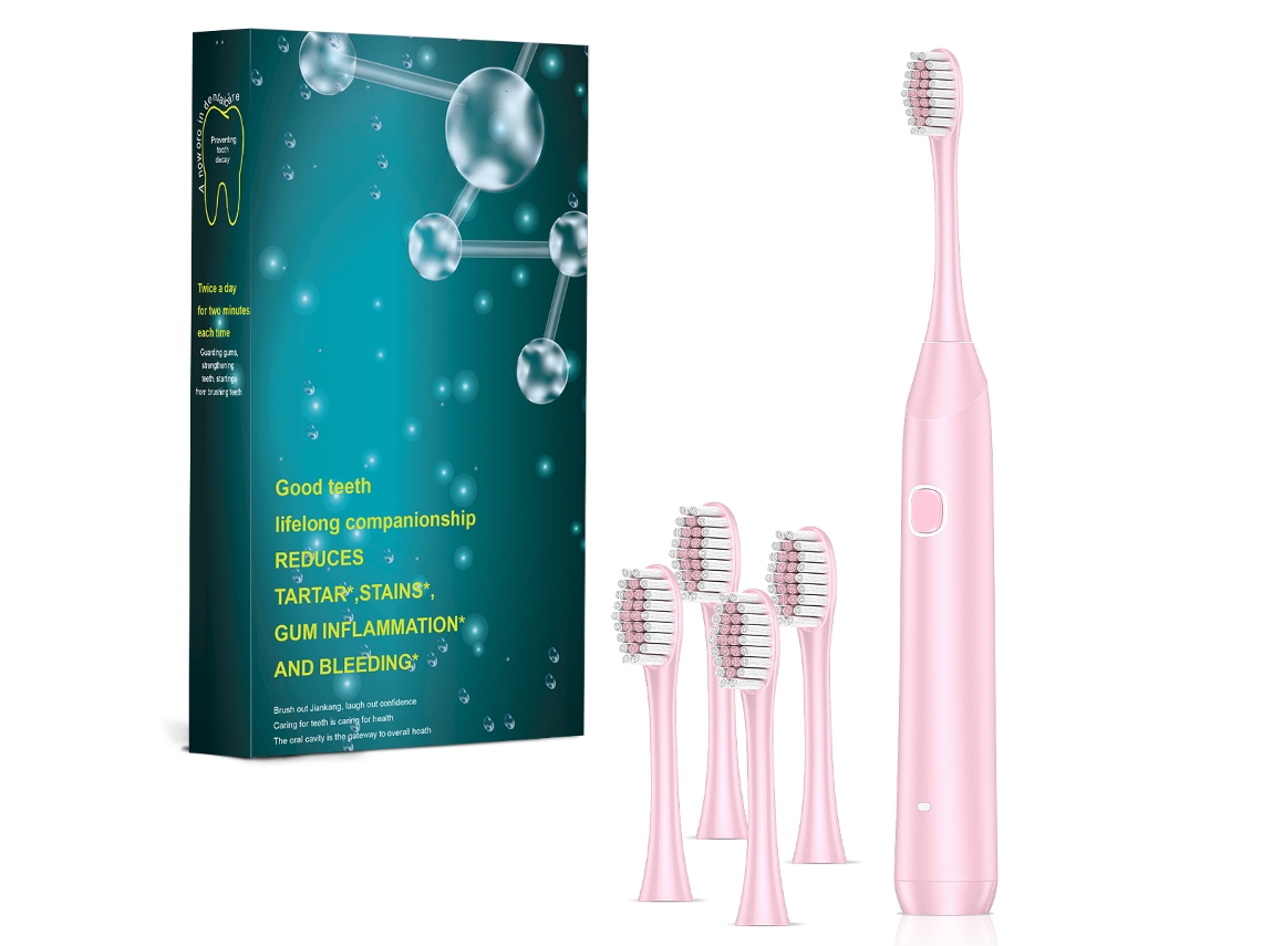 Cepillo de dientes eléctrico para adultos (rosa, con 4 cabezales de repuesto), 6 modos, recargable, potente cepillo de dientes sónico.