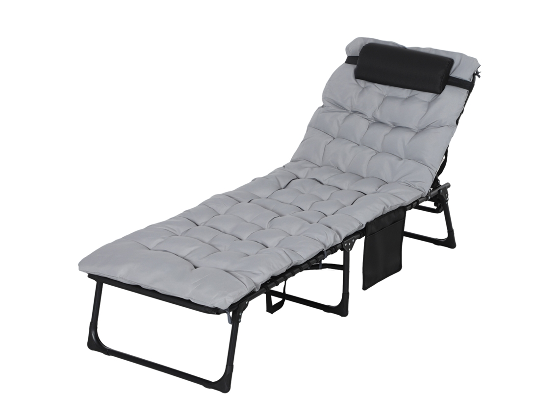 Silla Jardín Plegable 5 Posiciones Cojín 120 Kg Acero 58x189x32,5 Cm Gris Claro
