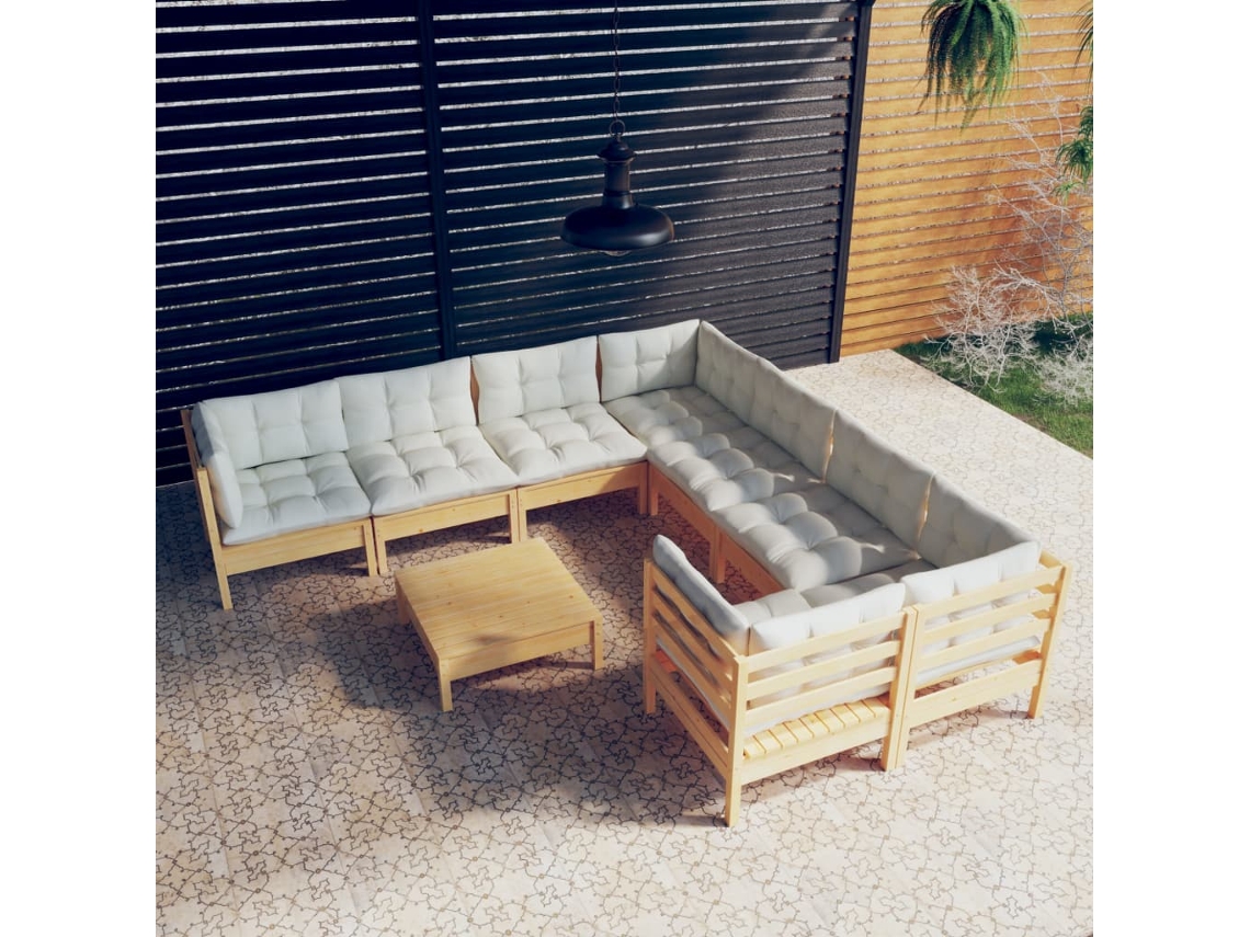 Conjunto Jardim Lounge 9 Pcs C/ Almofadões Cor Creme Pinho Dkd Home Decor