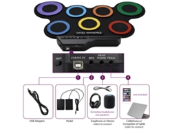 Batería electrónica portátil con 7 pads y pedales para practicar.