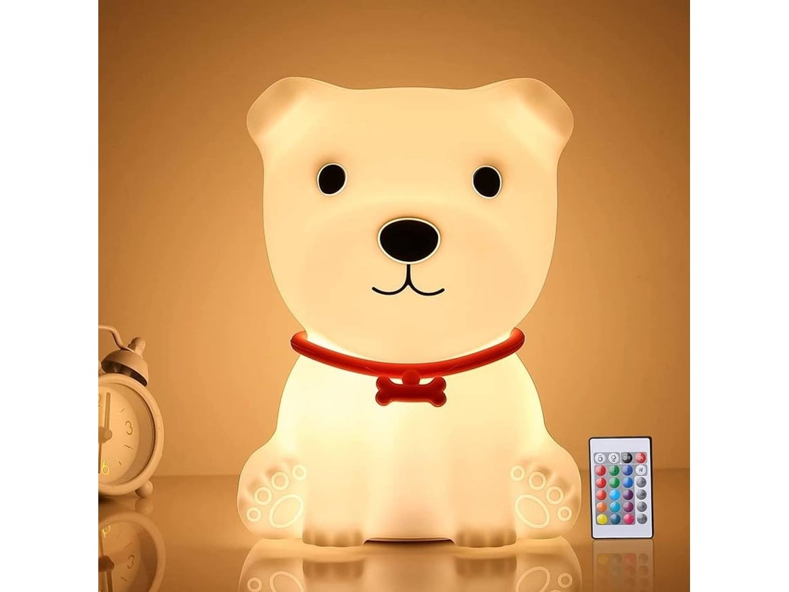 Luz nocturna de perro para niños, linda luz nocturna colorida con control remoto, lámpara de noche blandita para niña (blanca)