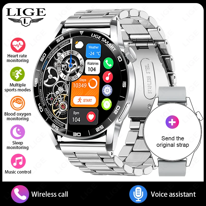 (plata, Correa De Acero) Smartwatch, Ip68 Resistente Al Agua, Monitor De Frecuencia Cardíaca, Llamadas Bluetooth, Asistente De Voz