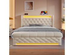 Cama Tapizada 160x200cm - Cama Hidráulica Con Cabecero De Almacenamiento, Puertos Usb Y Tipo-c, Con Luces Led - Beige