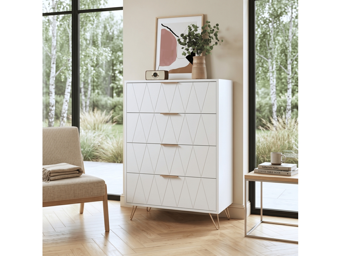 Cómoda De 4 Cajones 60x34x90 Cm, Cajonera Para Dormitorio Y Salón Con Textura Acanalada Y Patas Doradas, Mueble De Madera, Blanco