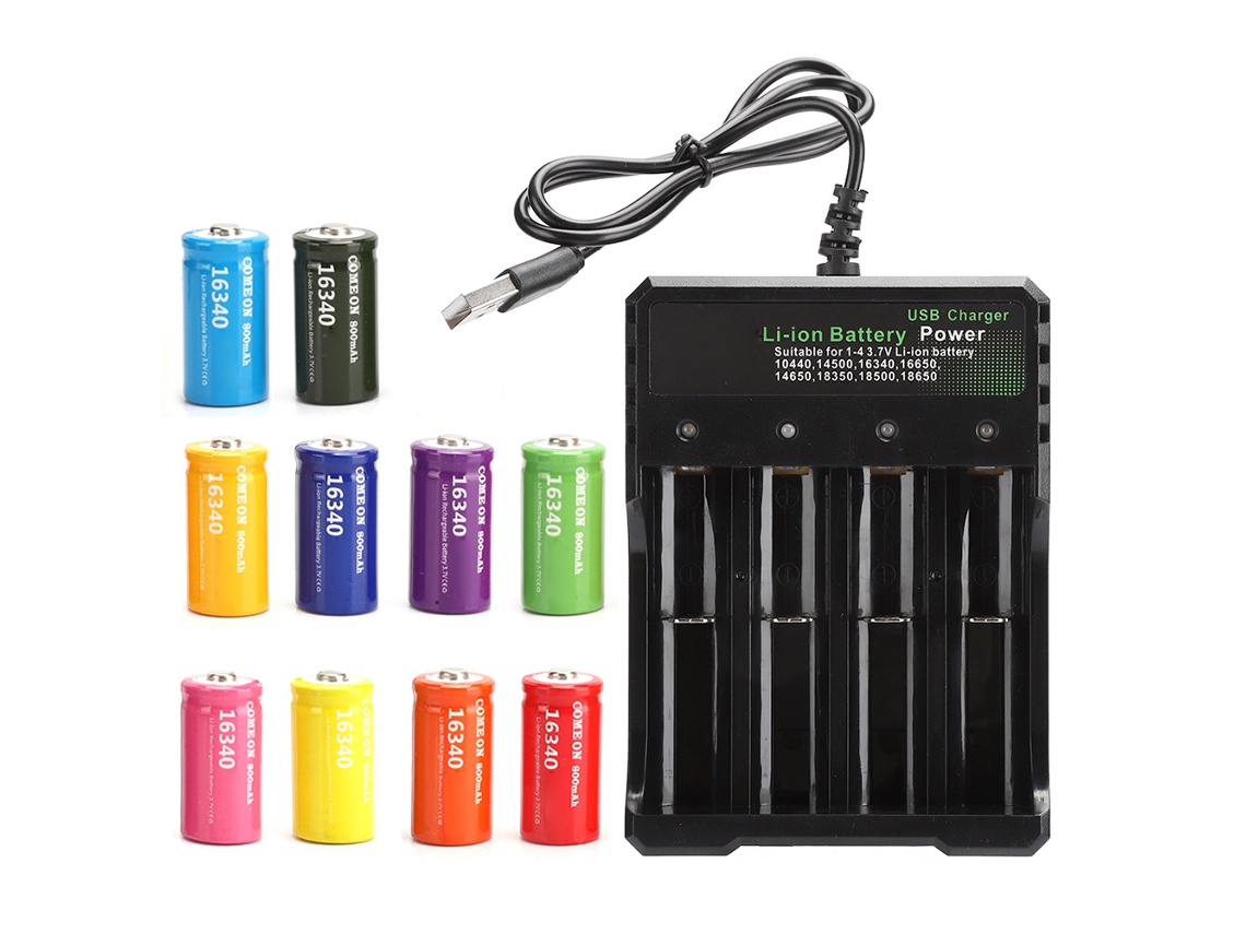 Batería de litio 16340 con cargador de cuatro ranuras (resistente al calor, 800 mAh)