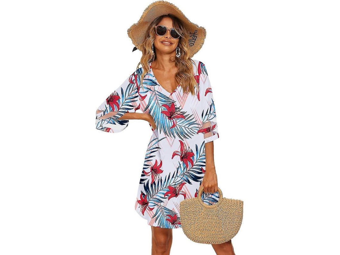 2026-vestido De Playa Casual Para Mujer Con Cuello V Y Manga 3/4, Tapadera De Bikini Suelta Y Ligera De Verano