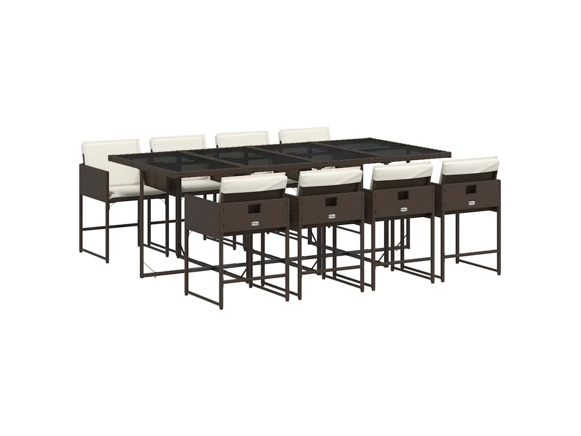 Juego de 9 piezas de comedor de jardín con cojines de mimbre, patas marrones, EXCLUSIVA DE LA CASA