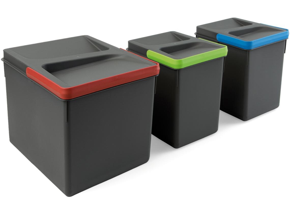 EMUCA Kit Cubo De Basura De Reciclaje Para Cajón De Cocina Altura De Reciclaje 216Mm- 1X12Litros- 2X6Litros- Plástico Gris Antracita
