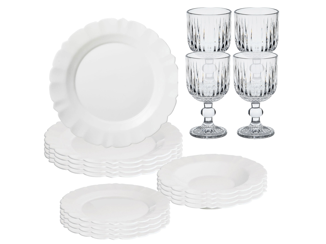 Vajilla blanca de 12 piezas, 4 copas de cristal transparente (300 ml) de San Ignacio