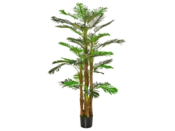 Palmera artificial de 1,85 m con tronco y líquenes, hojas densas y realistas, maceta incluida.