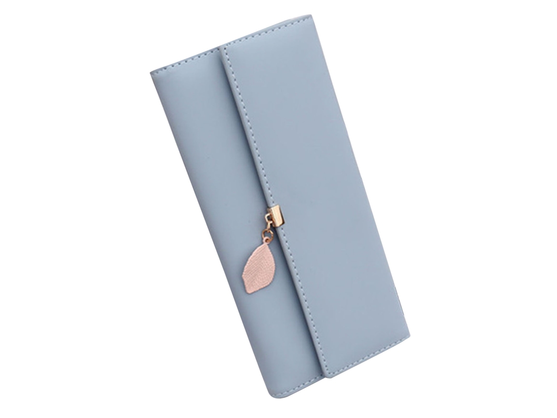 Cartera Larga Tríptico De Pu Para Mujer, De Gran Capacidad, Con Colgante De Hoja Azul Claro.