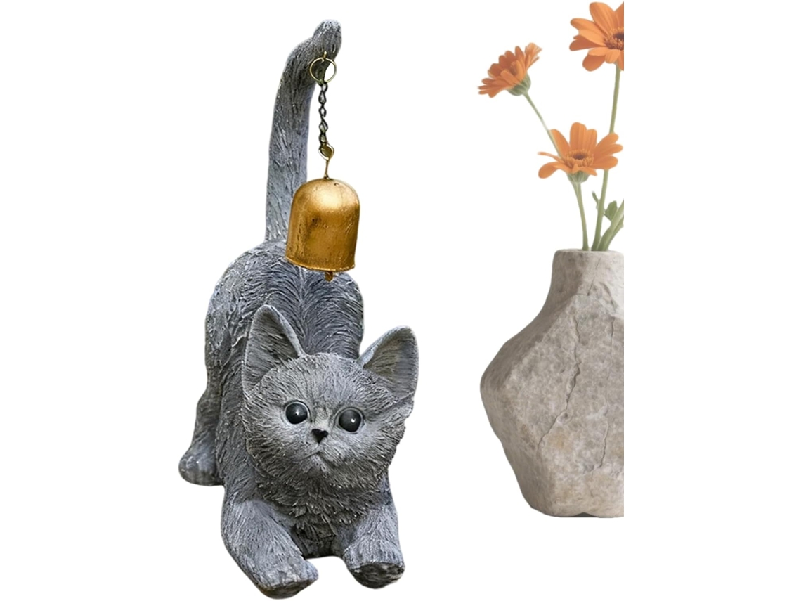 Estatua De Gato Estir Ndose Decoraci N Resina Para El Hogar Con Cascabel En La Cola Adorno Escritorio Forma Mascota