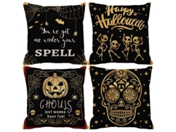 Rebe-4 Fundas Almohada Halloween Estilo Negro Frase Feliz Halloween 45x45cm Estrellas Doradas
