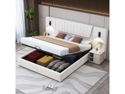 Cama Doble Tapizada De 180x200 Con Espacio De Almacenamiento, Puerto Usb Hidráulico Para Lectura, Terciopelo Beige.