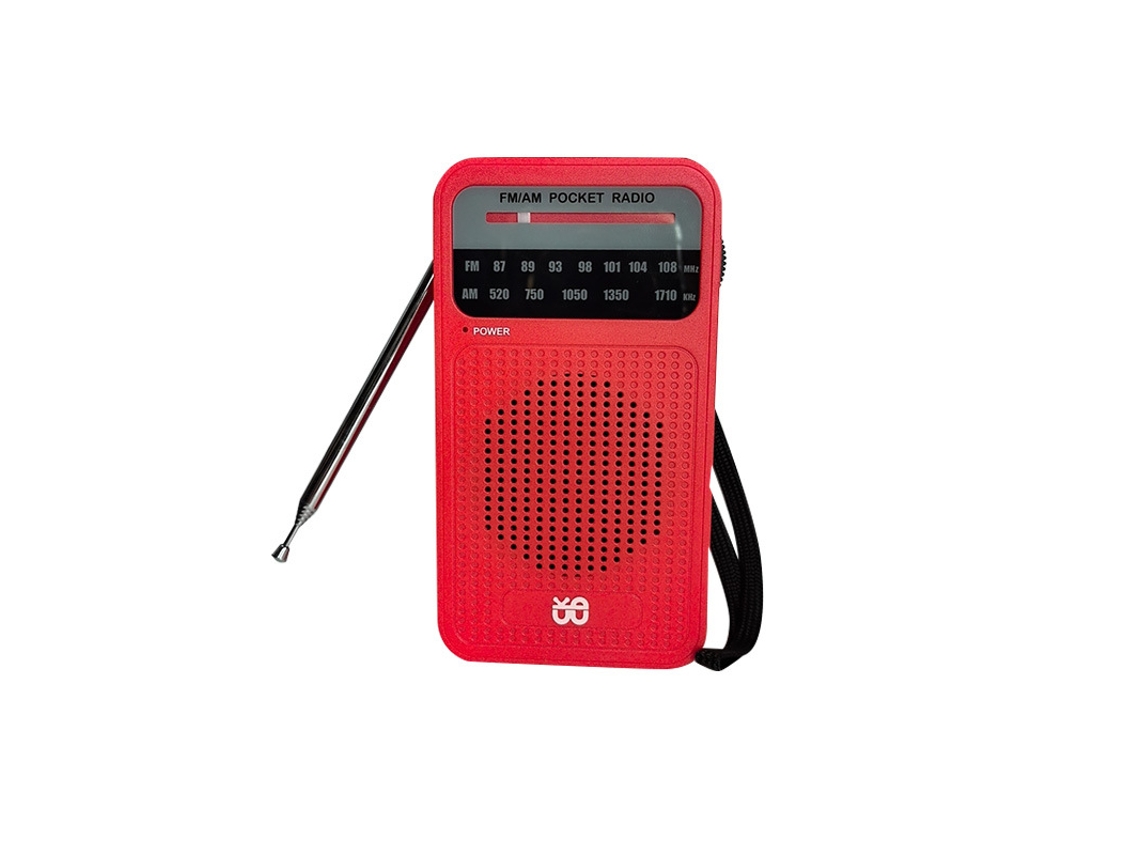 Radio portátil AM FM con altavoz, entrada para auriculares, 2 pilas AA, color rojo