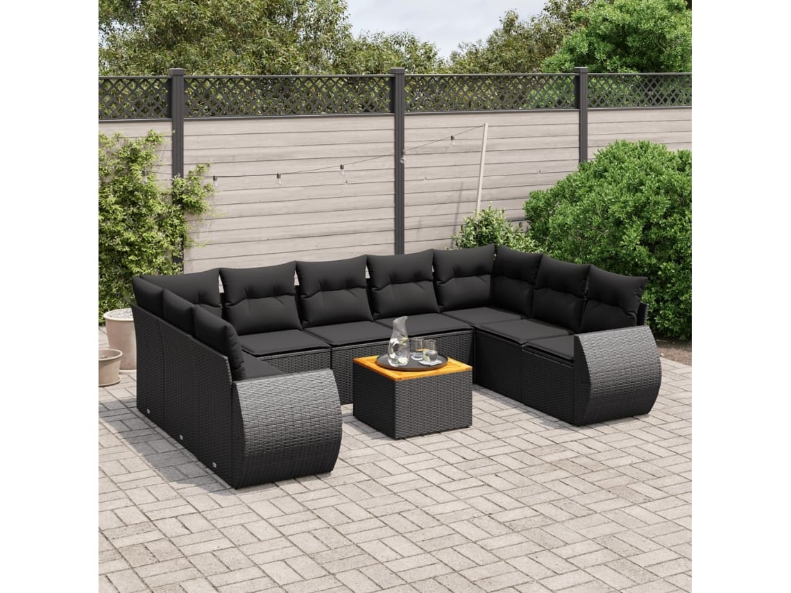 Conjunto de sofá de jardín de 10 piezas con cojines en mimbre sintético negro de DKD Home Decor