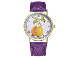 Reloj De Pulsera Unisex De Moda Con Correa De Piel Sintética Y Esfera Morada Con Estampado De Frutas.
