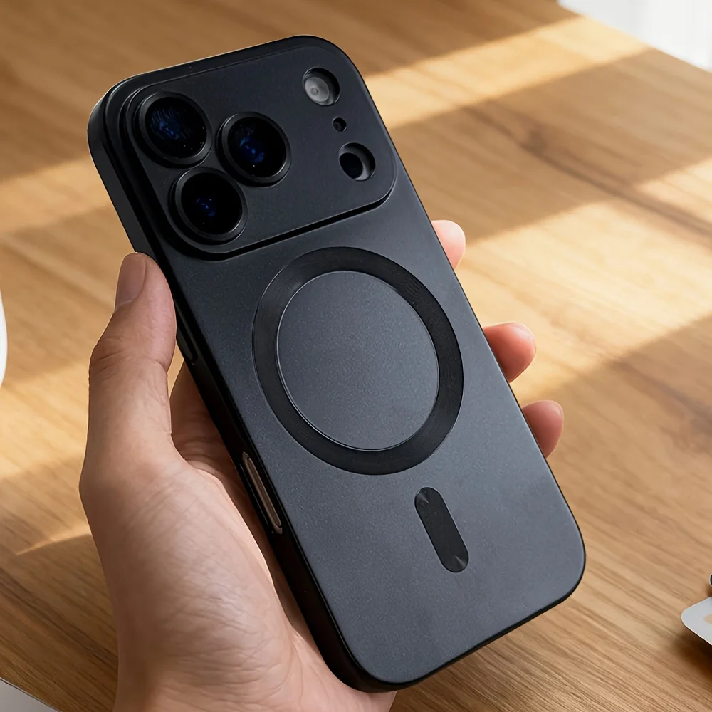 (iphone 15 Pro Max Negro) Funda Magnética De Tpu Suave Con Acabado Metálico Y Protector De Lente Para Carga Inalámbrica