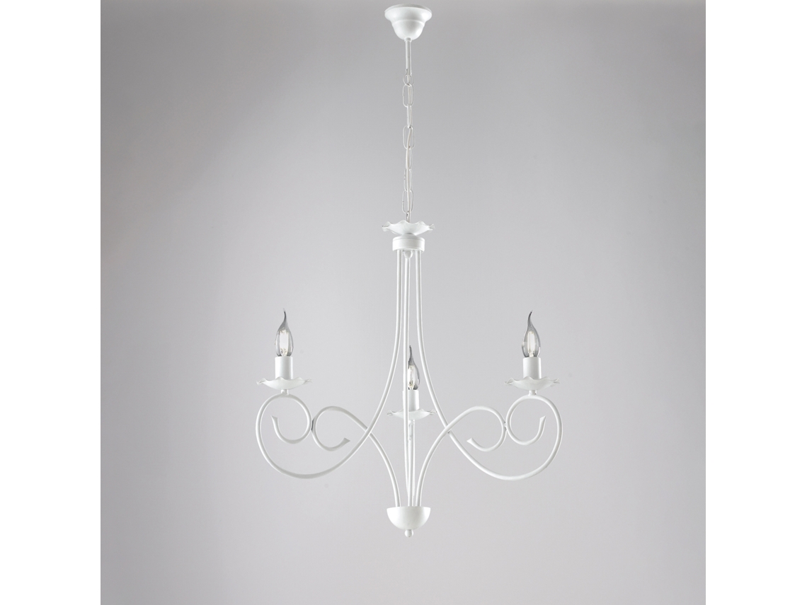 Lámpara de araña Alma de hierro lacado en blanco con decoración. Efecto shabby chic. 3 luces, 120 Ø50 Bl130 3 Bco Belight.