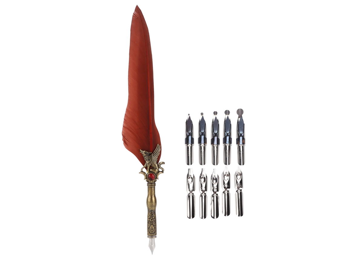 Pluma De Pluma Arte Retro Grabada Pluma De Inmersión De Acero Inoxidable Para Regalo Firma Decoración De Mesa Marrón Rojo