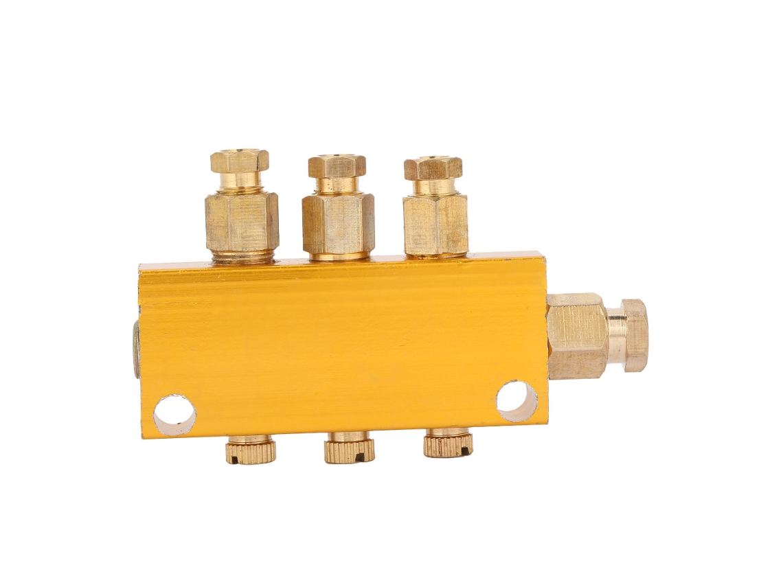 Distribuidor de aceite de latón ajustable, multibloque, entrada de 6 mm, salida de 4 mm, 1 entrada, 3 salidas.