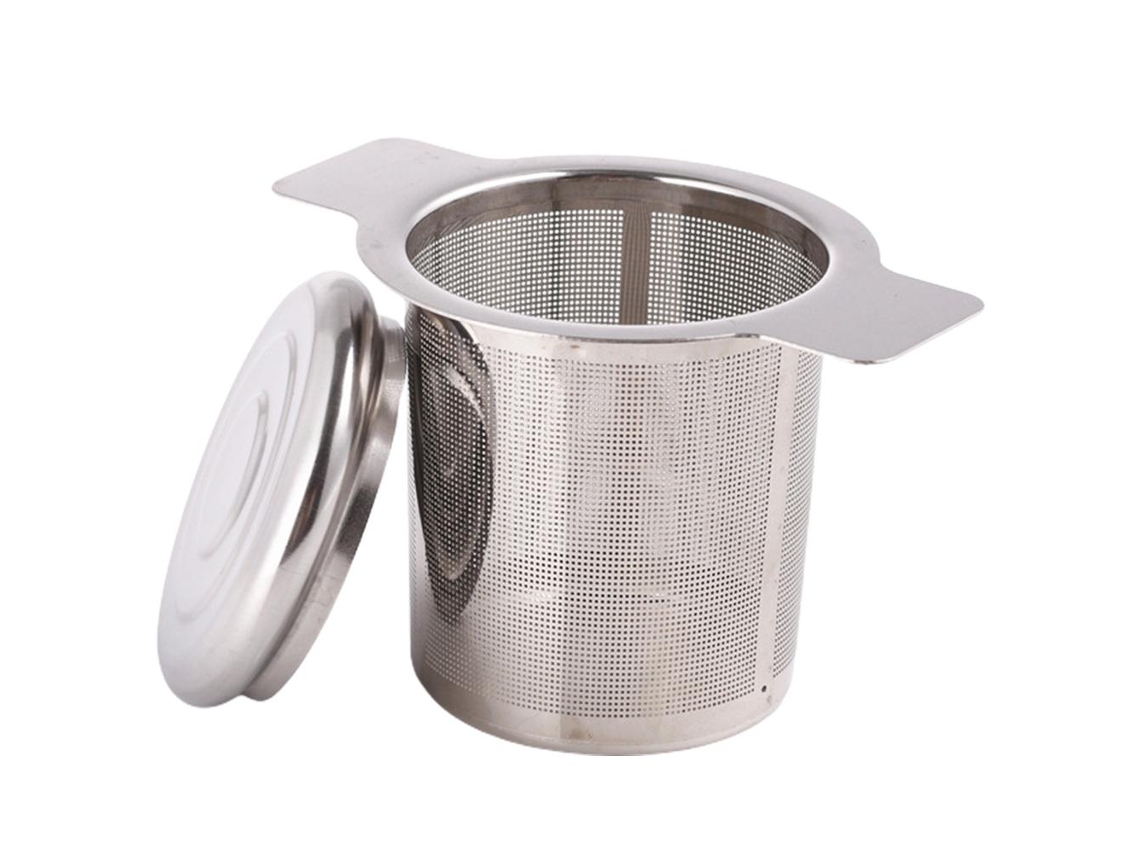 Colador de té de acero inoxidable con tapa, no tóxico y duradero.