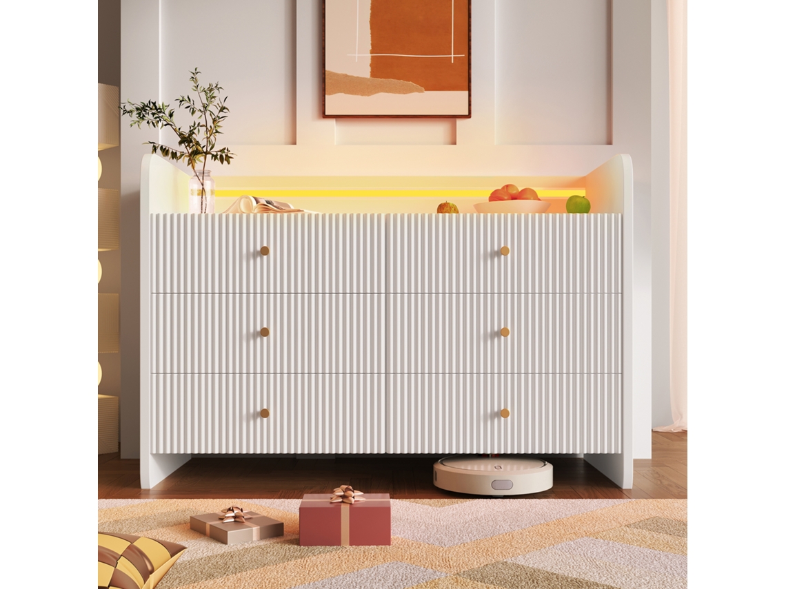 Aparador con 6 cajones e iluminación LED en diseño ondulado para salón y dormitorio (120x40x75 cm)