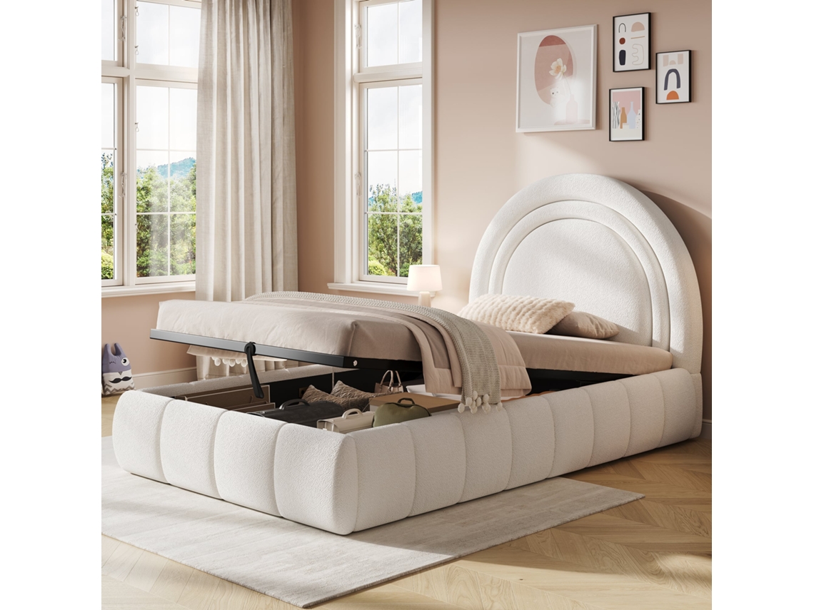 Cama Infantil/adulto Con Espacio De Almacenamiento, 90x200 Cm, Cabecero Acolchado, Color Beige.