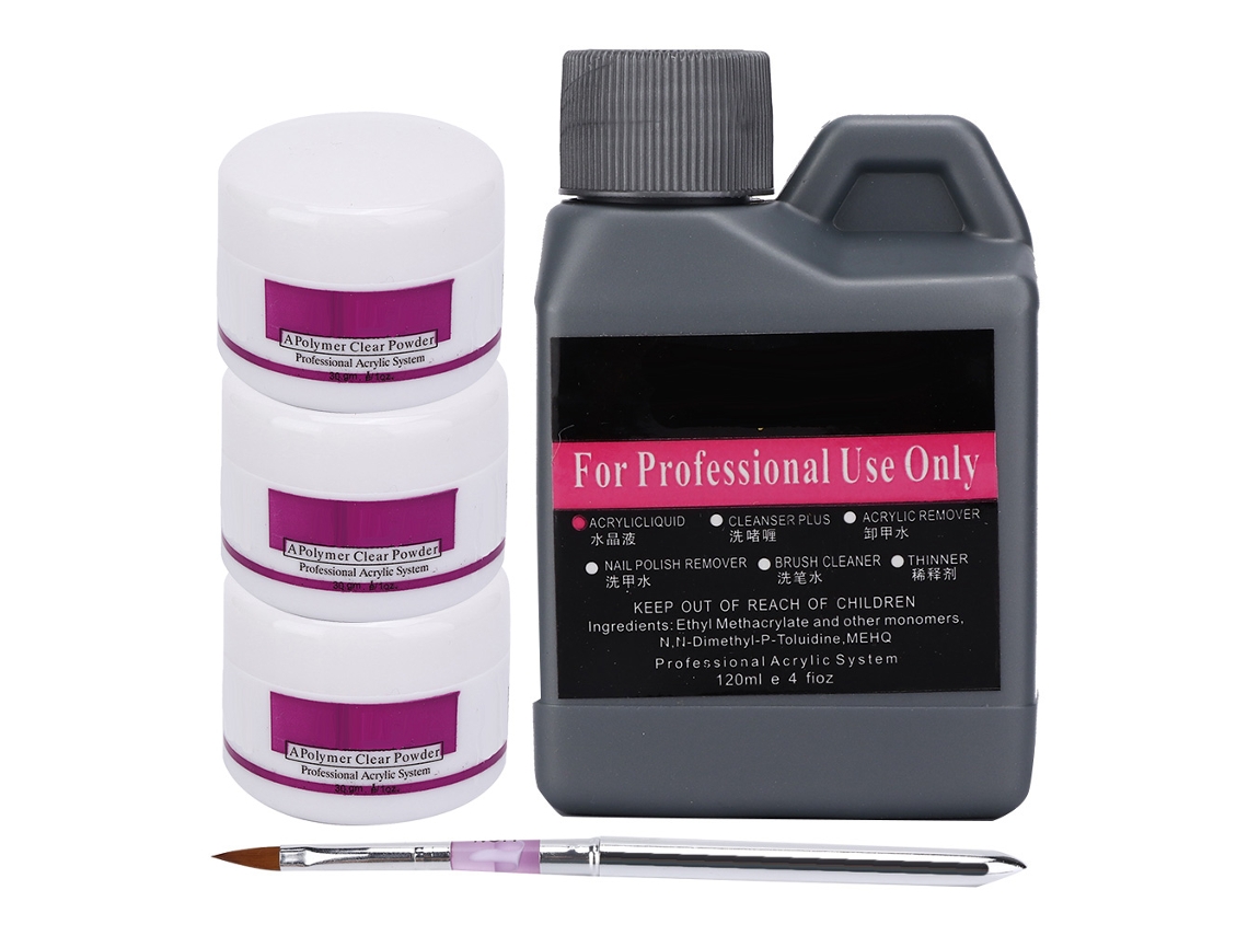 Kit de manicura con polvo de polímero, líquido acrílico, pincel y purpurina para uñas.
