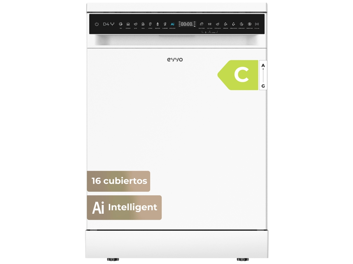 Lavadora Evvo D4y, 16 cubiertos, instalación gratuita, 8 programas, extra silenciosa, blanca